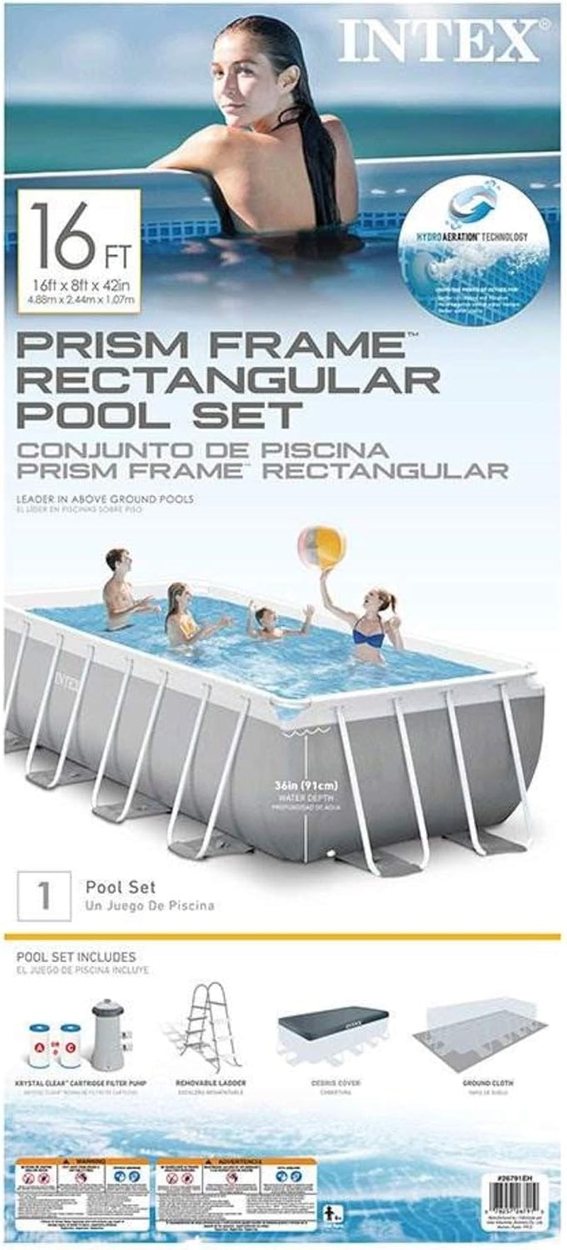 Intex 16 Foot by 42 Inches Frame Rectangular above Ground Swimming Pool Set with Filter Pump, Ladder, Ground Cloth, Protective Canopy, and Pool Cover