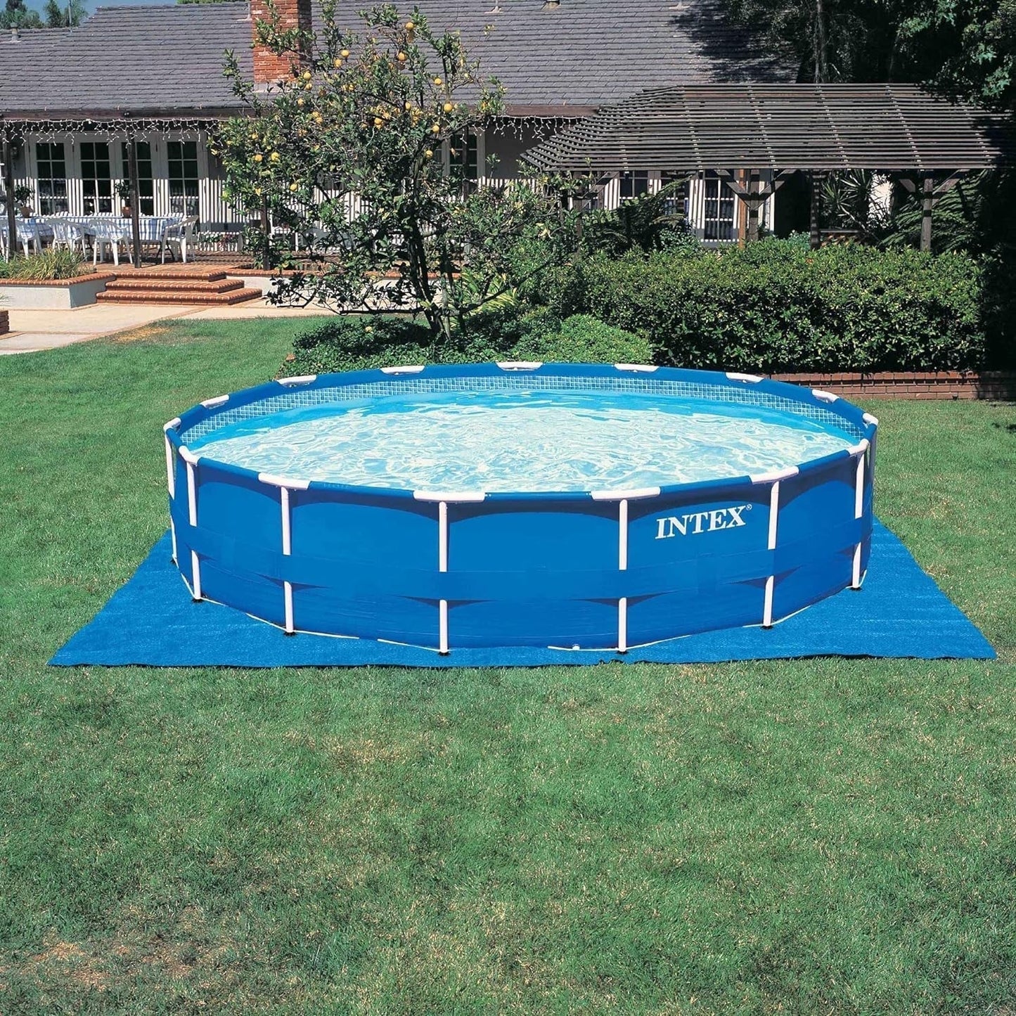 Intex 15 Foot by 48 Inch round Metal Frame above Ground Swimming Pool Set for Outdoor Use with Filter Pump, Ladder, Ground Cloth, and Cover, Blue
