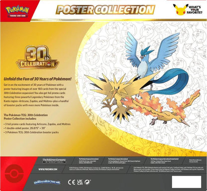 Pokemon TCG 30th Celebration Poster Collection – 3 Foil Promo Cards Featuring Articuno, Zapdos & Moltres, Double-Sided Collector Poster, 3 Booster Packs (PREORDER - Release Date September 16, 2026)