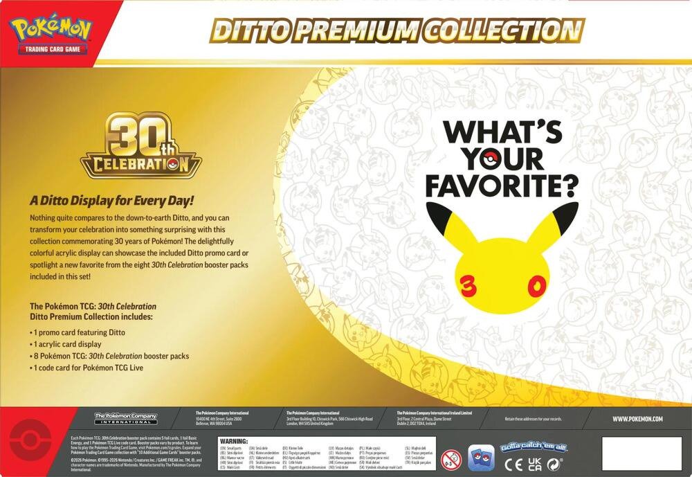Pokemon TCG 30th Celebration Ditto Premium Collection – 1 Ditto Promo Card, Acrylic Card Display, 8 30th Celebration Booster Packs & Pokémon TCG Live Code Card (PREORDER - Release Date September 16, 2026)